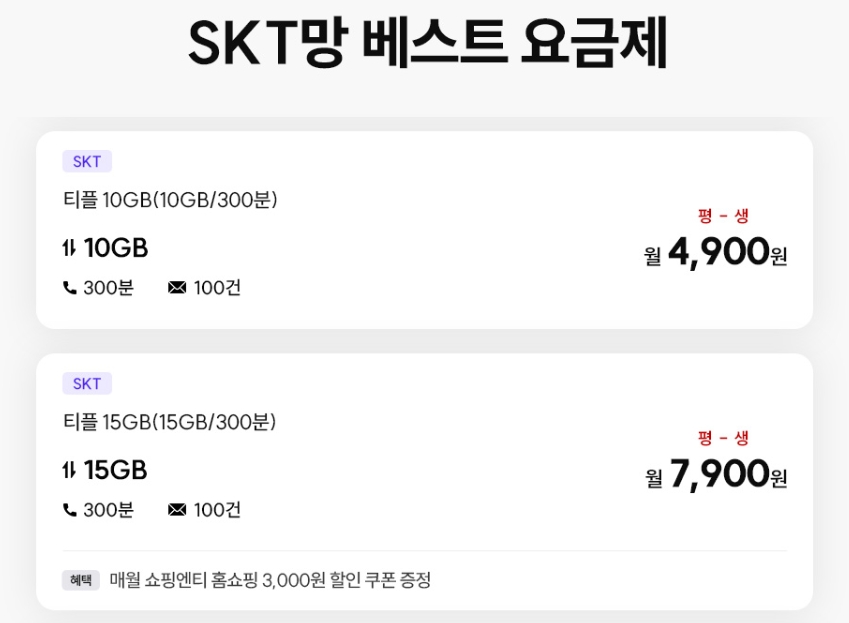 [skt알뜰폰] 10GB  300분 평생 ( 4,900원 / 무료 ) - 